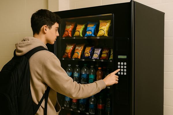 Estudiante usando la máquina expendedora en un plantel