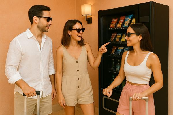 Huéspedes usando la máquina expendedora en un hotel
